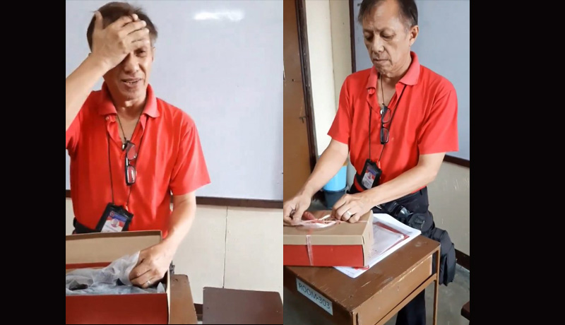 Guru Cesar Punzalan diliputi haru lantaran muridnya menghadiahi dirinya sepasang sepatu baru. (Foto: metro.co.uk) Guru Cesar Punzalan diliputi haru lantaran muridnya menghadiahi dirinya sepasang sepatu baru. (Foto: metro.co.uk)