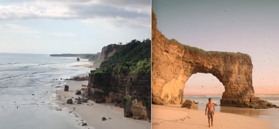 Pantai Mbawana setelah batu bolong ambruk (kiri), sebelum ambruk (kanan), foto : Instagram/caswanassegaf Pantai Mbawana setelah batu bolong ambruk (kiri), sebelum ambruk (kanan), foto : Instagram/caswanassegaf