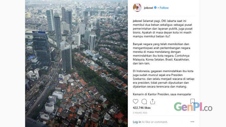 DI instagramnya, Jokowi bertanya ke netizen soal pemindahan ibukota. (Foto: Instagram/@jokowi) DI instagramnya, Jokowi bertanya ke netizen soal pemindahan ibukota. (Foto: Instagram/@jokowi)