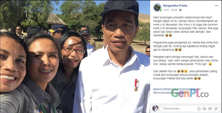 Ranger perempuan di TN Komodo ini gembira bisa berfoto dengan Presiden Joko Widodo. (Foto: Facebook) Ranger perempuan di TN Komodo ini gembira bisa berfoto dengan Presiden Joko Widodo. (Foto: Facebook)