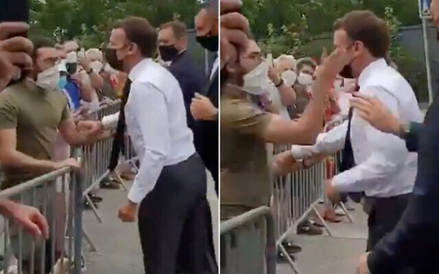 Detik-detik Presiden Prancis Emmanuel Macron ditampar Pria tak dikenal. (Foto: tsngkspsn layar Twitter/@NewsUpdateIND) Detik-detik Presiden Prancis Emmanuel Macron ditampar Pria tak dikenal. (Foto: tsngkspsn layar Twitter/@NewsUpdateIND)