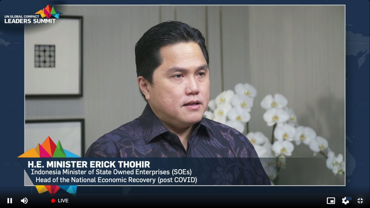 Menteri BUMN Erick Tohir dalam United Nations Global Compact Leader Summit 2021. Foto: Kemen BUMN Menteri BUMN Erick Tohir dalam United Nations Global Compact Leader Summit 2021. Foto: Kemen BUMN