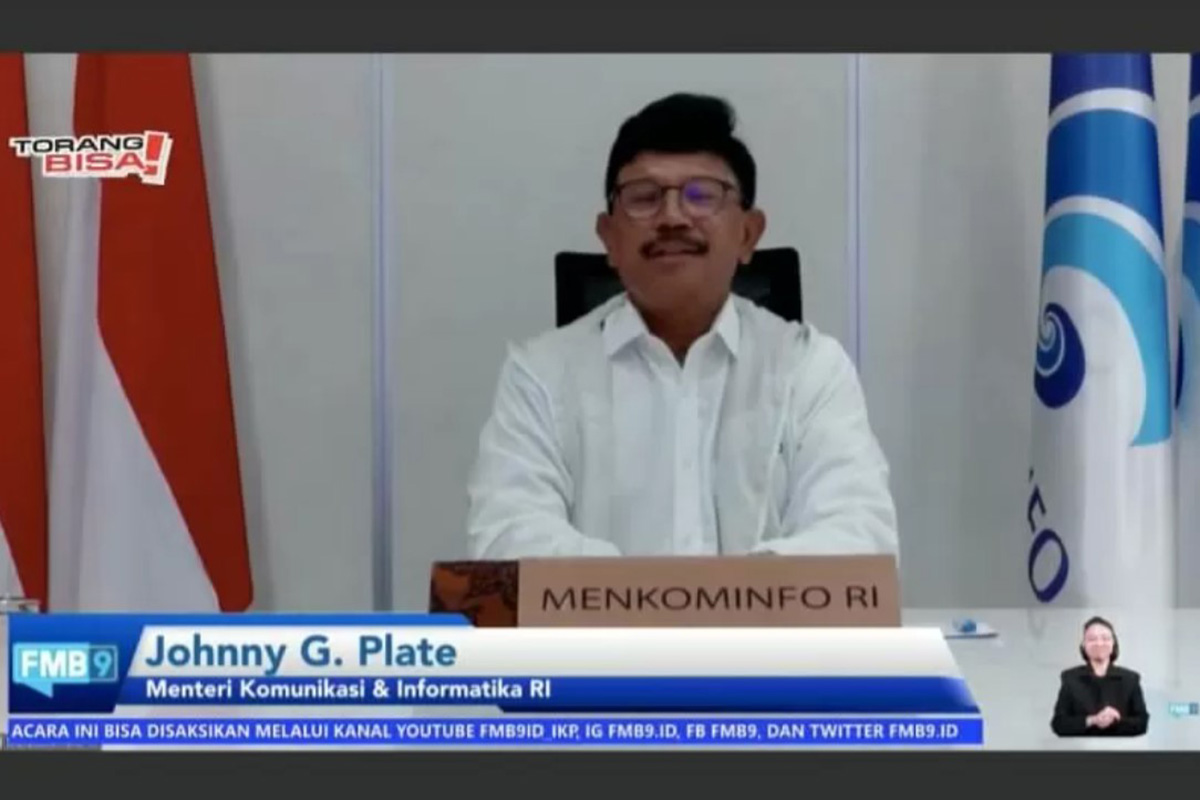Menteri Komunikasi dan Informatika Johnny G. Plate saat acara virtual Forum Barat Merdeka 9 ‘Mengintip Kesiapan PON XX Papua’, Kamis (24/6/2021). (FOTO: ANTARA/Tangkapan layar FMB9ID_IKP) Menteri Komunikasi dan Informatika Johnny G. Plate saat acara virtual Forum Barat Merdeka 9 ‘Mengintip Kesiapan PON XX Papua’, Kamis (24/6/2021). (FOTO: ANTARA/Tangkapan layar FMB9ID_IKP)