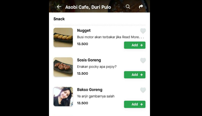Kocaknya Asobi Cafe di GoFood. Keterangan makanannya bikin warganet +62 tertawa bahagia (Foto : Twitter Nicko Akbar) Kocaknya Asobi Cafe di GoFood. Keterangan makanannya bikin warganet +62 tertawa bahagia (Foto : Twitter Nicko Akbar)