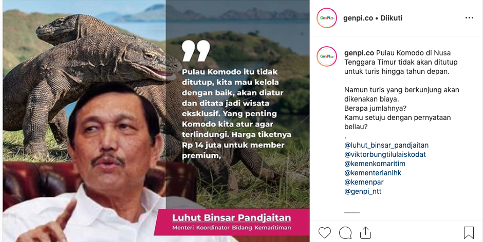 Netizen melayangkan protes keras pada kebijakan Pulau Komodo yang nantinya akan berbayar Rp 14 juta (Foto : Instagram GenPI.co) Netizen melayangkan protes keras pada kebijakan Pulau Komodo yang nantinya akan berbayar Rp 14 juta (Foto : Instagram GenPI.co)