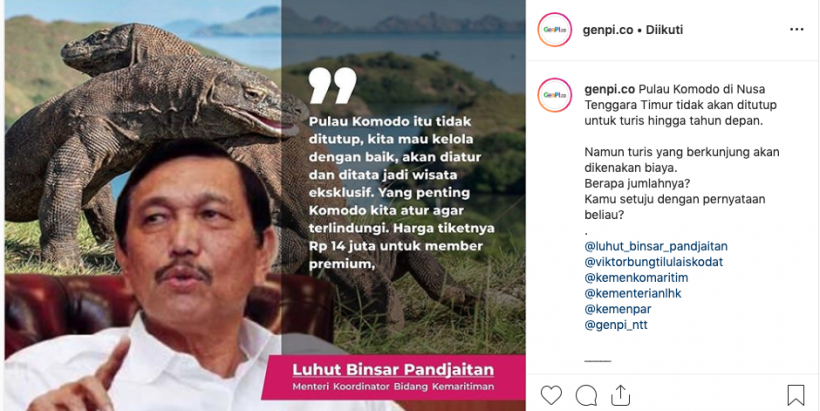 Menurut, Dispar Mabar, penetapan TN Komdo sebagai destinasi premium masih sekadar konsep. (Foto: Instagram/@genpi.co) Menurut, Dispar Mabar, penetapan TN Komdo sebagai destinasi premium masih sekadar konsep. (Foto: Instagram/@genpi.co)