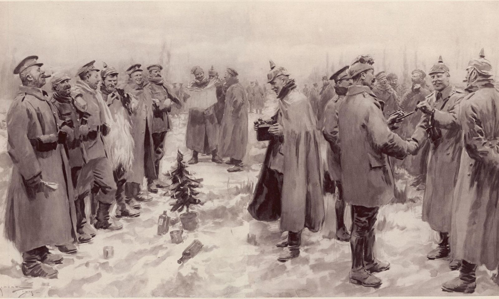 Ilustrasi London Newa yang menggambarkan tentara jerman dan Inggris yang saling berjabat tangan di dalam gencatan senjata dadakan pada hari Natal 1914. (Foto: Wikipedia) Ilustrasi London Newa yang menggambarkan tentara jerman dan Inggris yang saling berjabat tangan di dalam gencatan senjata dadakan pada hari Natal 1914. (Foto: Wikipedia)