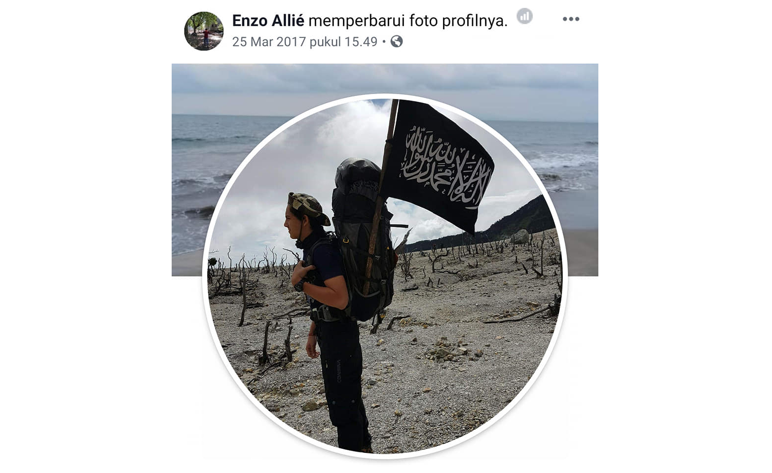 Foto profil Enzo Allie di Facebook. Sayang, akun itu tak bisa ditelusuri lantaran sudah dihapus. (Foto: Facebook Salman Faris) Foto profil Enzo Allie di Facebook. Sayang, akun itu tak bisa ditelusuri lantaran sudah dihapus. (Foto: Facebook Salman Faris)