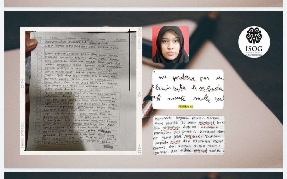 Bagian analisis surat wasiat pelaku terorisme yang dilakukan Grafolog Deborah Dewi. (Foto: JPNN/Dok. pribadi) Bagian analisis surat wasiat pelaku terorisme yang dilakukan Grafolog Deborah Dewi. (Foto: JPNN/Dok. pribadi)