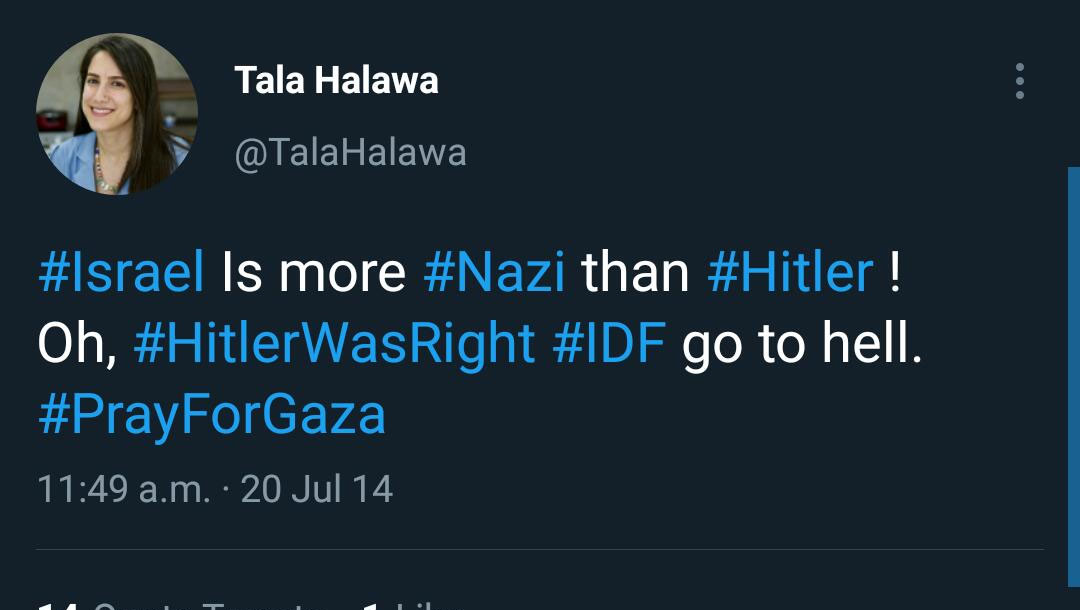 Tangkapan layar cuitan jurnalis Tala Halawa pada 2014. (Foto: Twitter via JTA) Tangkapan layar cuitan jurnalis Tala Halawa pada 2014. (Foto: Twitter via JTA)