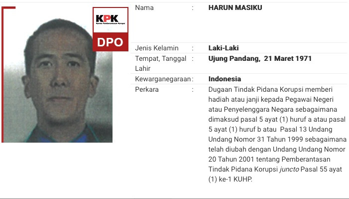 Harun Masiku yang dipajang di daftar buronan KPK. Foto: kpk.go.id. Harun Masiku yang dipajang di daftar buronan KPK. Foto: kpk.go.id.