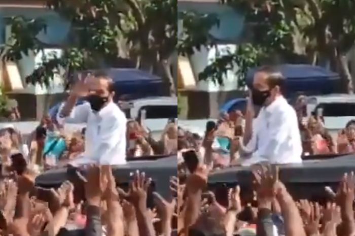 Presiden Joko Widodo (Jokowi) saat menyambut kerumunan massa di Maumere, Nusa Tenggara Timur (NTT). Foto: Twitter @KetumProDEM Presiden Joko Widodo (Jokowi) saat menyambut kerumunan massa di Maumere, Nusa Tenggara Timur (NTT). Foto: Twitter @KetumProDEM