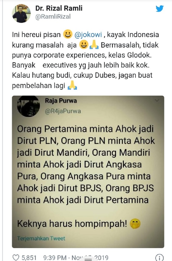 Screenshoot Twit Rizal Ramli Soal Kelas Glodok (Foto: SC Twitter Dr. Rizal Ramli) Screenshoot Twit Rizal Ramli Soal Kelas Glodok (Foto: SC Twitter Dr. Rizal Ramli)