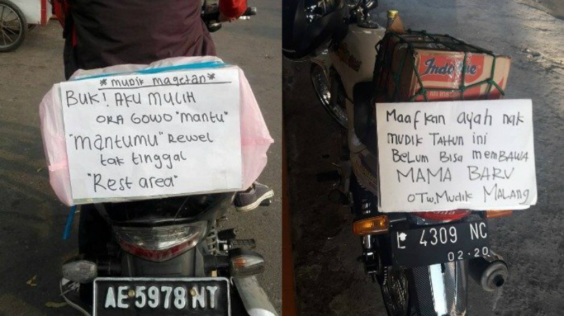 Para pemotor yang hendak mudik tahun ini lebih kreatif bikin tulisan di bagian belakang. Asli kocak parah! (Foto : Istimewa) Para pemotor yang hendak mudik tahun ini lebih kreatif bikin tulisan di bagian belakang. Asli kocak parah! (Foto : Istimewa)