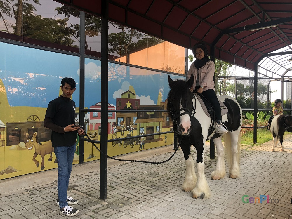 Seorang pengunjung Branchto Equstrian Park sedang mencoba menunggang kuda. Seorang pengunjung Branchto Equstrian Park sedang mencoba menunggang kuda.