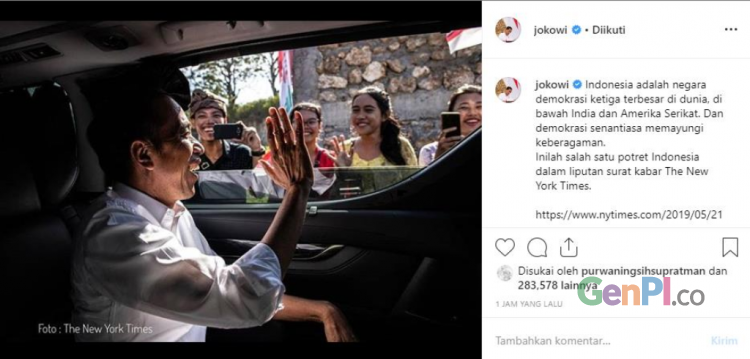 Presiden Joko Widodo mengunggah kembali sebuah foto The New York TImes di akun instaramnya. Presiden Joko Widodo mengunggah kembali sebuah foto The New York TImes di akun instaramnya.